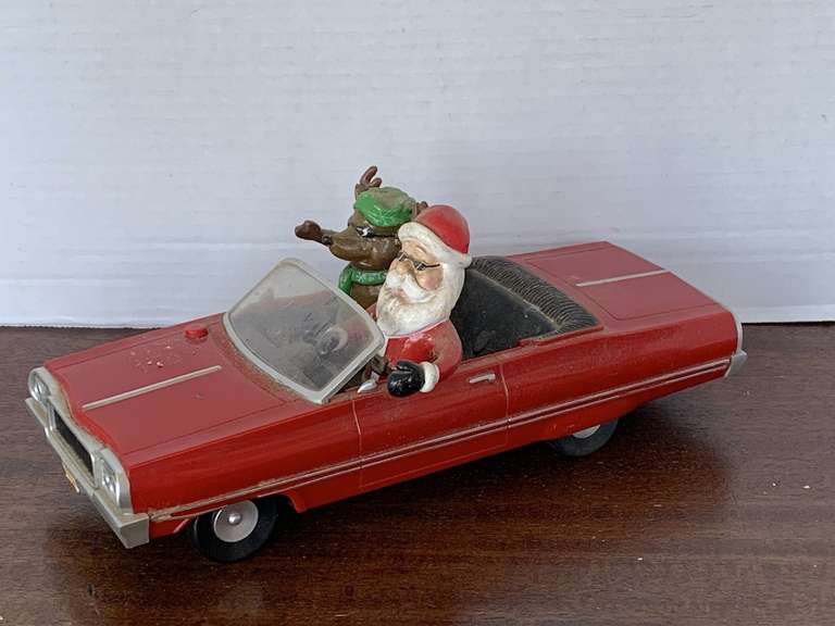 VINTAGE GEMMY SANTA & REINDEER IN CHEVY IMPALA LOWRIDER (ANIMATED) 11" LONG X 4 1/8" WIDE image
