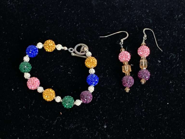 STERLING CLASP MULTI COLOR RHINESTONE BALL BRACELET 6 1/4" & MATCHING PIERCED EARRINGS W/ STERLING SILVER POSTS - CHECKOUT image