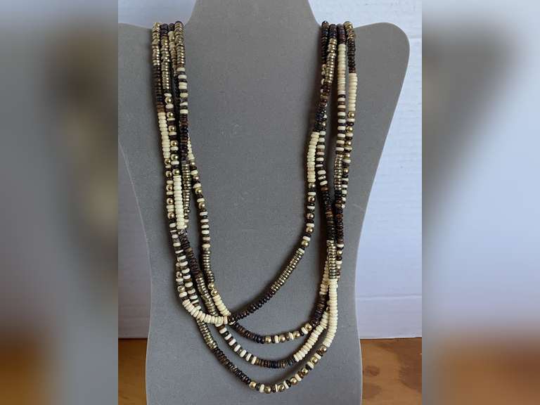CHICO'S 4 STRAND BROWN/WHITE BEADED NECKLACE W/ METAL ACCENTS 36" LONG - CHECKOUT image