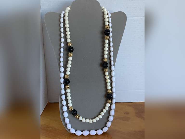 VINTAGE HAND KNOTTED WHITE BEAD NECKLACE 32" LONG & LONG WHITE BEADED NECKLACE W/ BLACK/GOLD BALLS 28" LONG - CHECKOUT image
