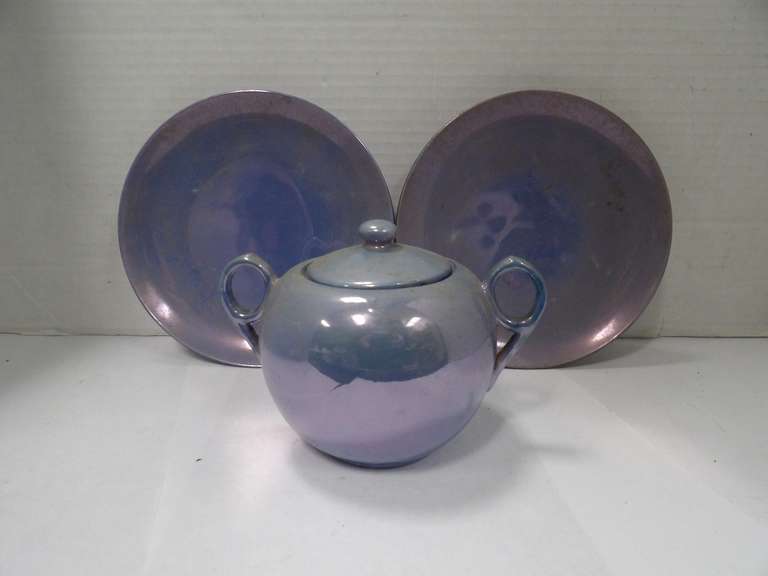 VINTAGE LUSTERWARE SUGAR BOWL AND TWO SAUCERS image