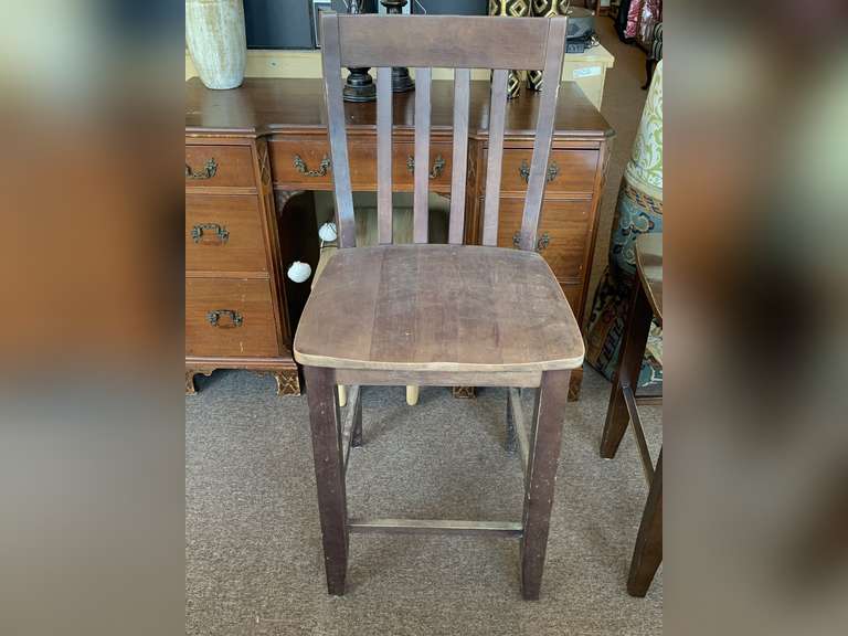 WOOD BAR STOOL (BACK 40 1/2" TALL, 24 1/2" TALL TO SEAT X 18 1/4" WIDE X 17" DEEP) image