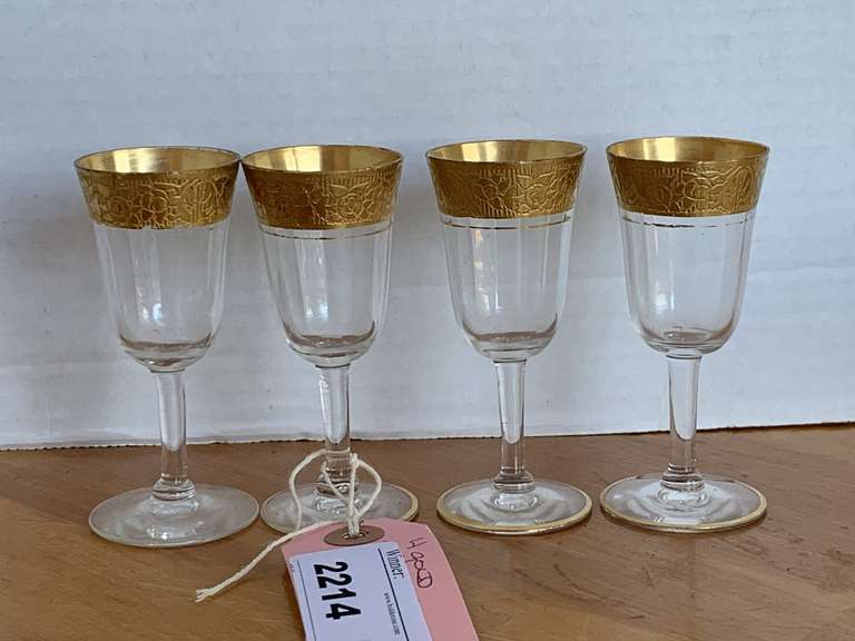 4 ANTIQUE TIFFIN "MINTON" OPTIC GOLD WITH WIDE 22KT GOLD RIM CORDIAL GLASSES image