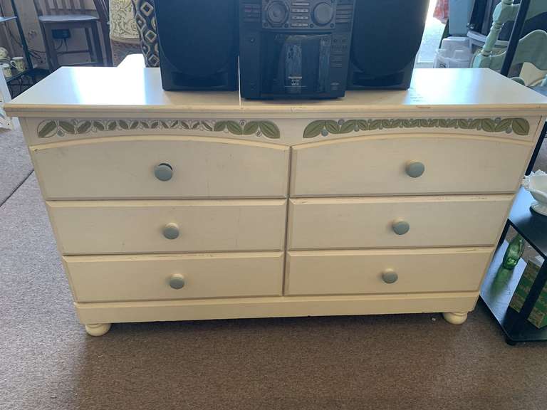 OFF WHITE PAINTED 6 DRAWER DRESSER 57" LONG X 15 3/4" WIDE X 33 1/2" TALL image