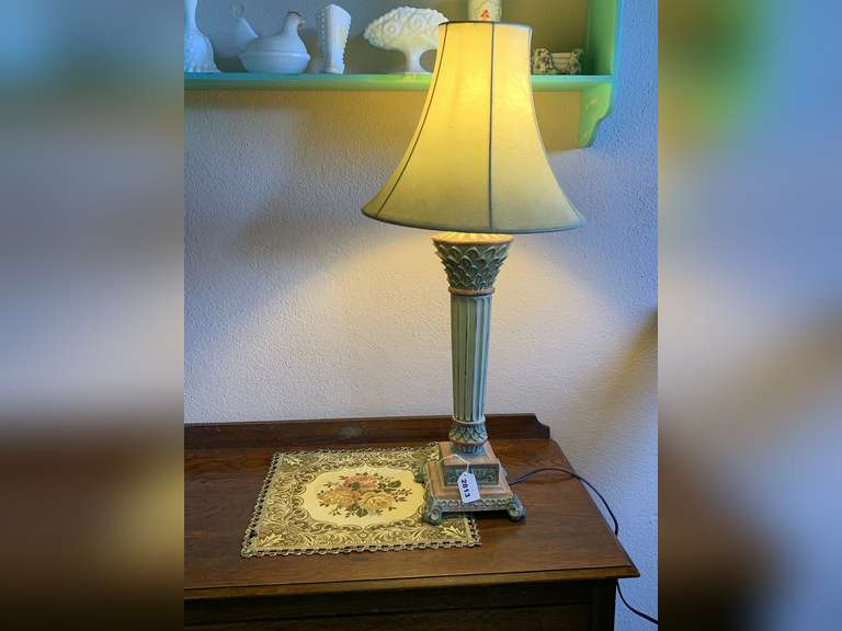 WOOD/METAL DISTRESSED PINEAPPLE TABLE LAMP W/ TAPESTRY DOILY 29" TALL image