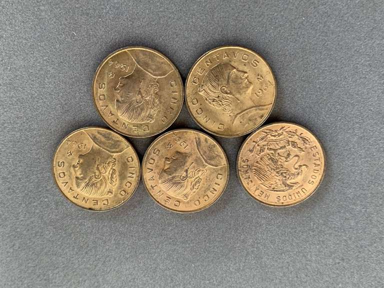 FIVE 1964 MEXICAN 5 CENTAVOS COINS - CHECKOUT image