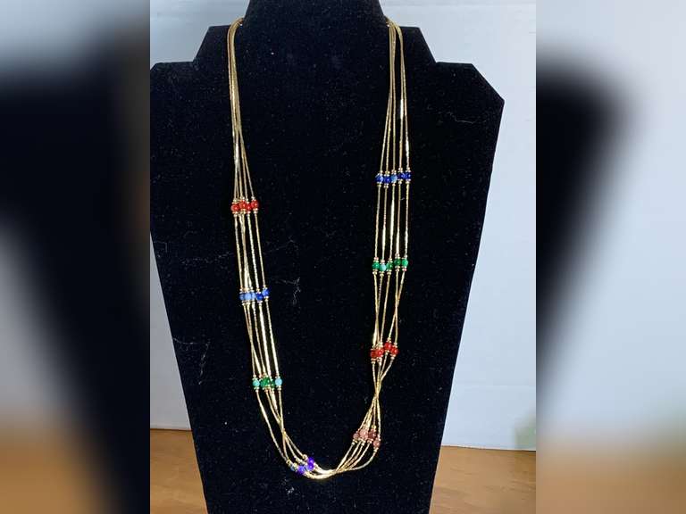 GOLD TONE 5 STRAND NECKLACE W/ MULTI COLORED GLASS BEADS 20" LONG - CHECKOUT image