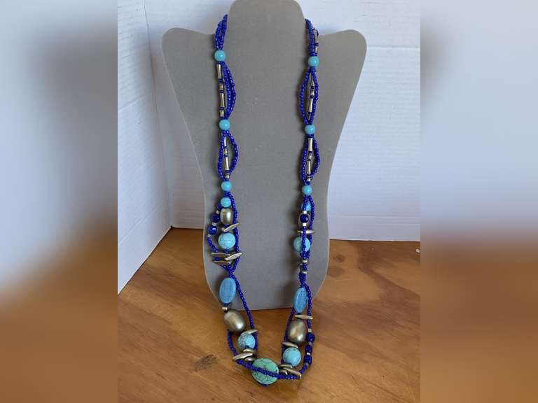 CHICO'S TRIPLE STRAND FAUX TURQUOISE/METAL STATEMENT NECKLACE 36" LONG - CHECKOUT image