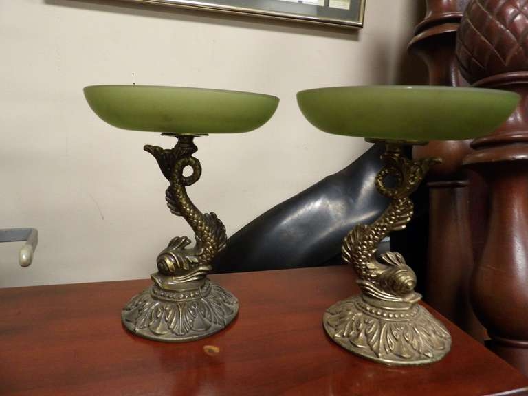 PAIR OF VINTAGE SATIN GREEN GLASS PEDESTAL CANDY DISH WITH CAST IRON METAL KOI FISH BASE image