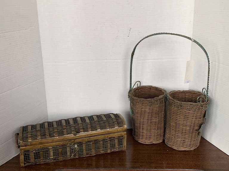 VINTAGE WOVEN BASKET DOUBLE WINE HOLDER & VINTAGE WOVEN LONG COVERED BOX 13 1/2" LONG X 4 1/2" DEEP X 4 1/2" TALL image