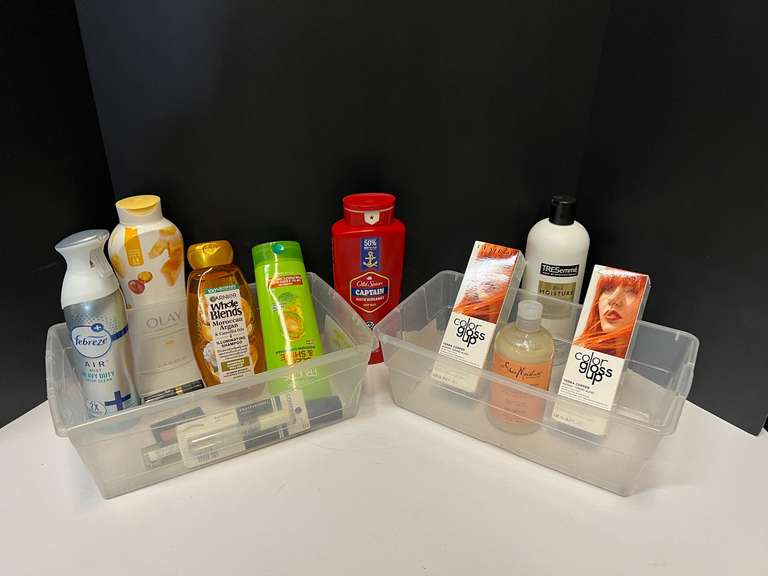 Toiletry assortment to include shampoo instant toning glosses, body wash, and more. Tubs are not included, See pictures for details. ￼ image