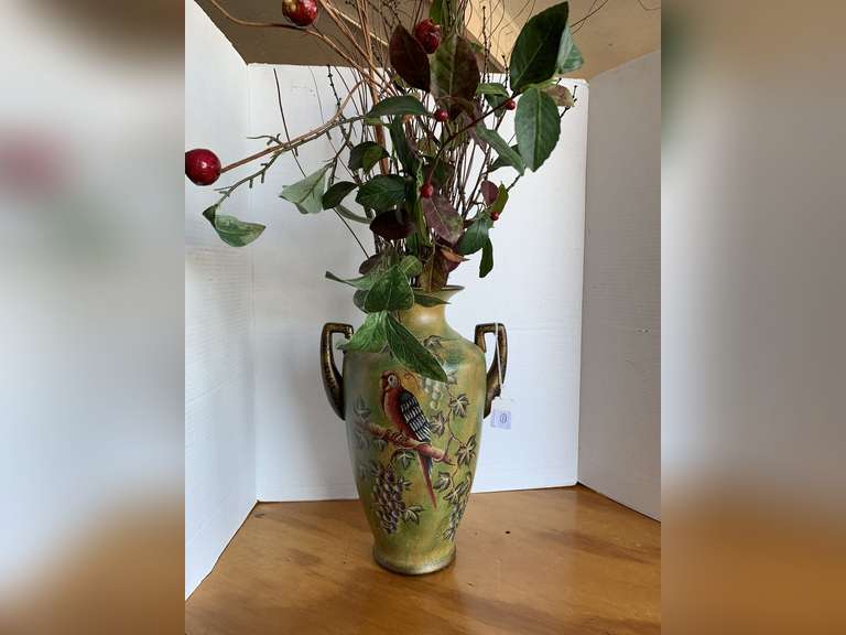 TALL POTTERY VASE W/ PARROT & GRAPE DESIGN WITH FLORAL ARRANGEMENT (VASE 16" TALL) image