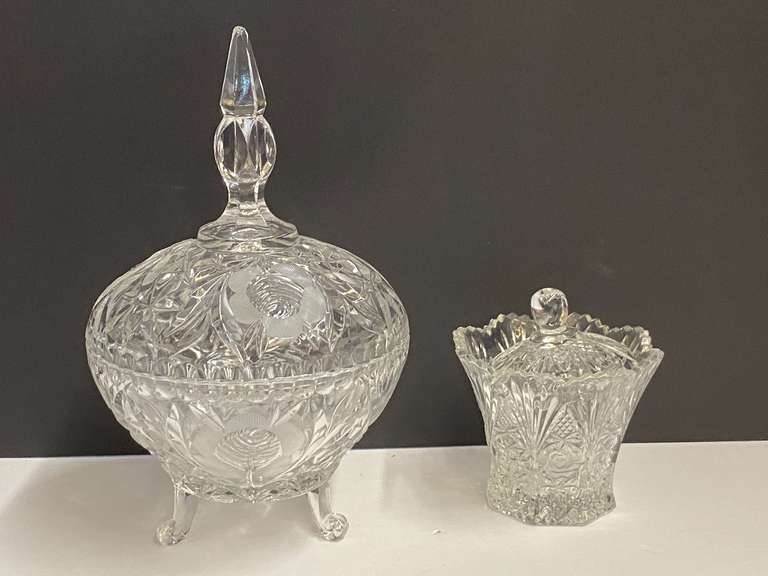 Lovely cut glass lid sugar dish, believed to be from Studio Nova, also includes a beautiful footed, steeple lid crystal candy dish, see pictures for details. image