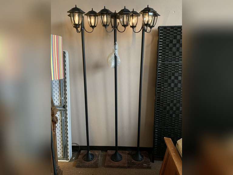 3 METAL LED LAMP POST MOUNTED TO CONCRETE STEPPING STONES 74" TALL EACH image