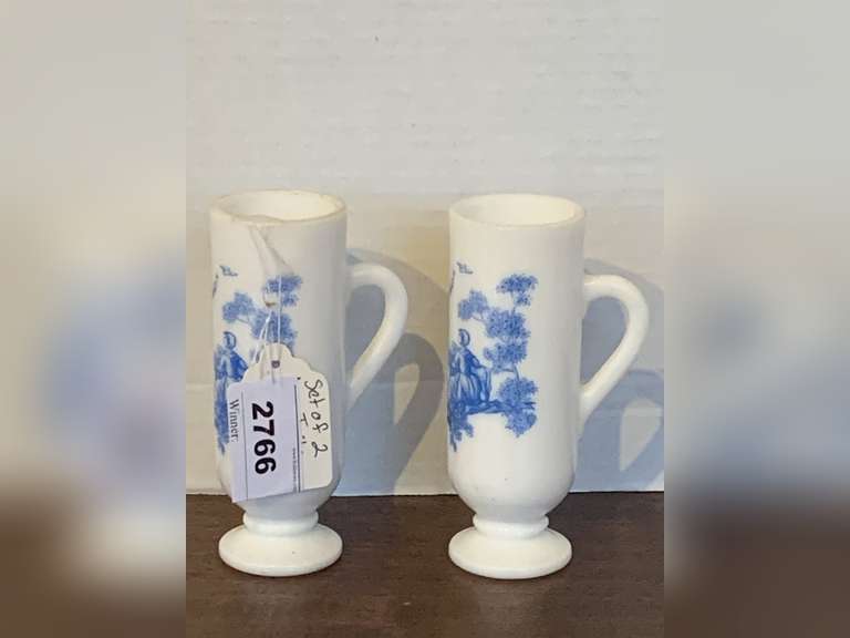 2 VINTAGE AVON WHITE MILK GLASS W/ BLUE TOILE DESIGN 3.02 OZ PEDESTAL MUGS 5 1/4" TALL image