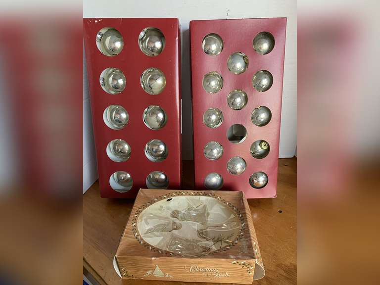 BOX 14 SILVER GLASS BALL ORNAMENTS, BOX 10 SILVER GLASS BALL ORNAMENTS & 4 CLEAR FROSTED GLASS BELL ORNAMENTS image