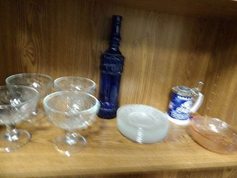 MIXED LIGHT WITH GLASS, PEDESTAL BOWLS, COBALT BLUE BOTTLE, PLATES, AND MORE image