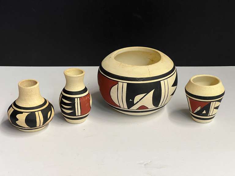 Native American pottery, four pieces, see pictures for details. image