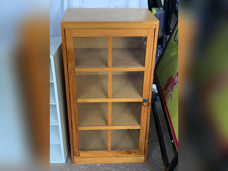 LIGHTWEIGHT WOOD DISPLAY CABINET W/ 4 SHELVES & GLASS PANEL DOOR 16" WIDE X 12" DEEP X 30" TALL image