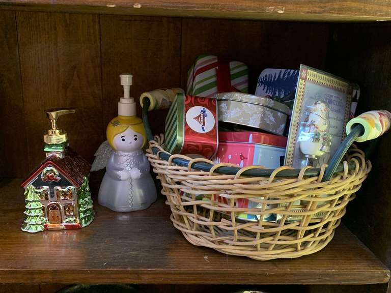 NICE DECORATIVE BASKET FULL OF CHRISTMAS TINS & MORE image