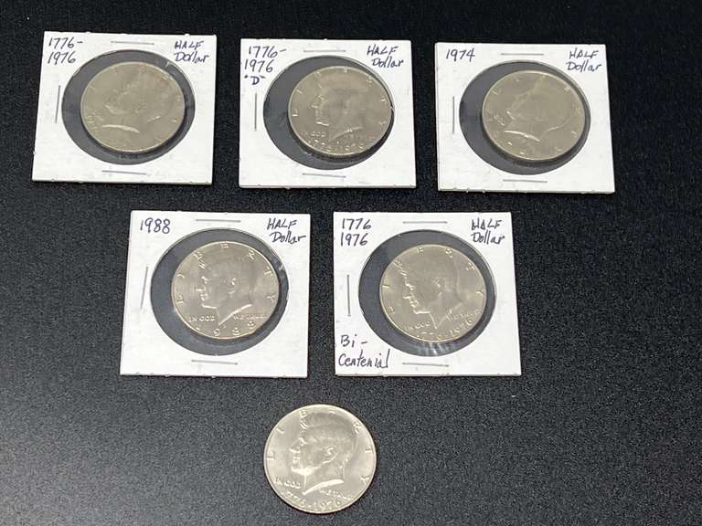 Kennedy half dollars, includes 4 bicentennial, a 1974, and 1988, see pictures for details. image