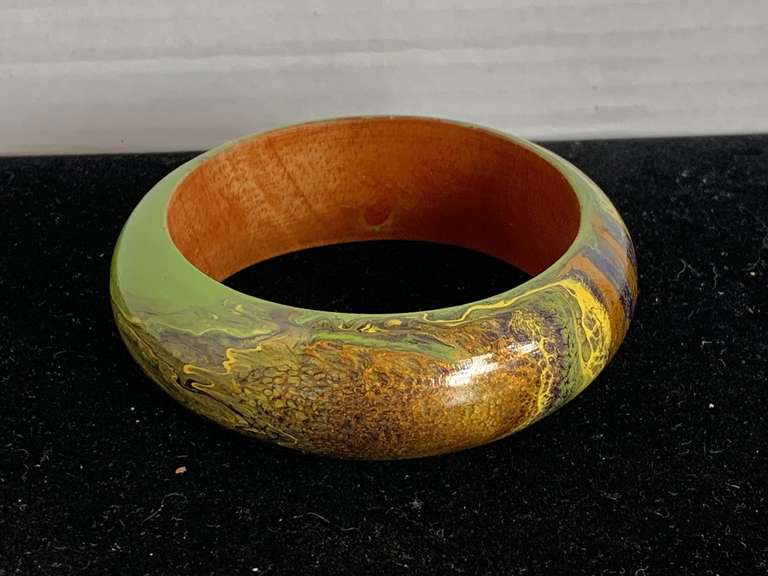 BEAUTIFUL OAK BANGLE HAND PAINTED IN SHADES OF TURQUOISE, BROWN & MORE - CHECKOUT image