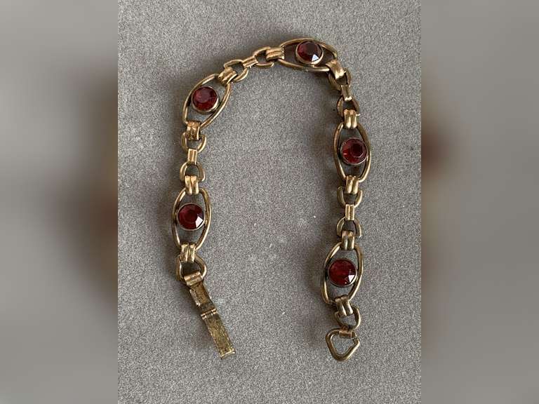 VINTAGE 1/20 12K GOLD PLATE ON STERLING LINK BRACELET SIGNED "STURDY" WITH FACETED ROSE STONES (15.01 GRAMS) - CHECKOUT image