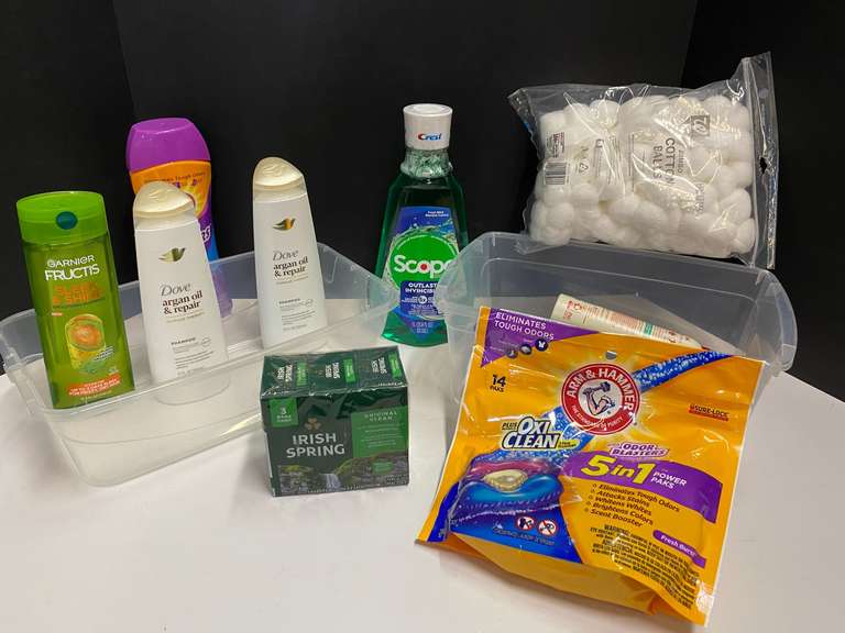 Assorted toiletries to include shampoo, mouthwash, bar soap, toothbrush, and more. Tubs are not included, see pictures for details. ￼ image