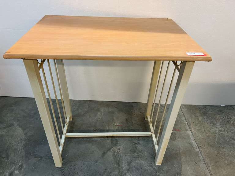 Metal framed table with wood top, top does have wear, see pictures for details. image