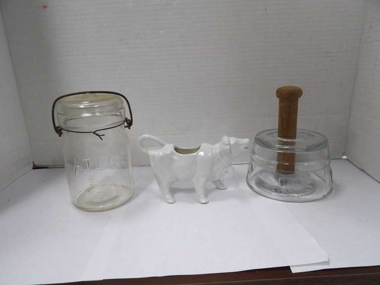 GLASS JAR, COW CREAMER, AND GLASS BUTTER MOLD image