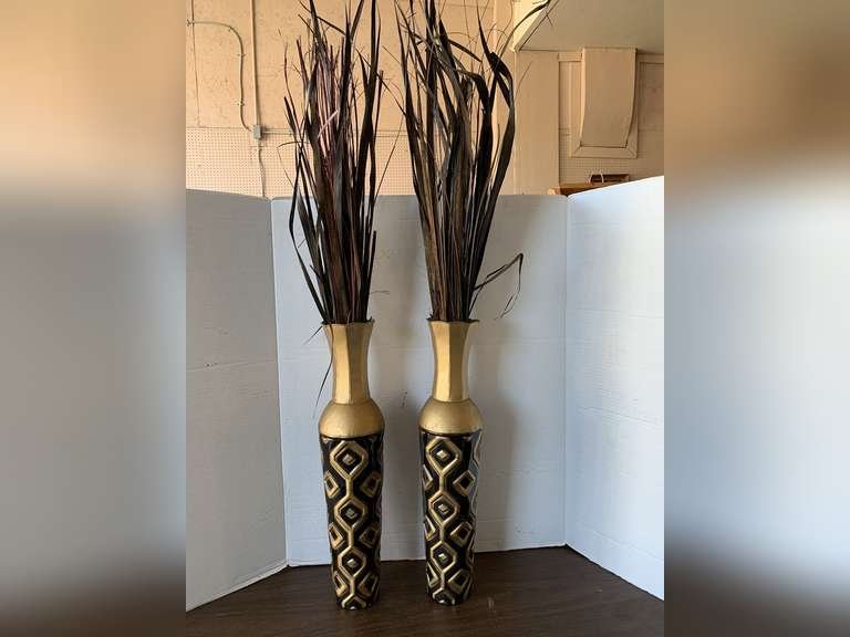 PAIR TALL GOLD/BLACK METAL VASES W/ DRIED GRASS (VASE 19 1/4" TALL X 4 1/2" WIDE) image