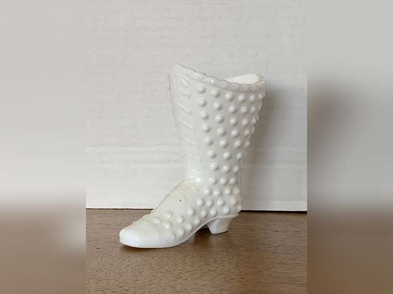 FENTON WHITE MILK GLASS HOBNAIL BOOT 4 1/4" TALL X 3 1/2" LONG image