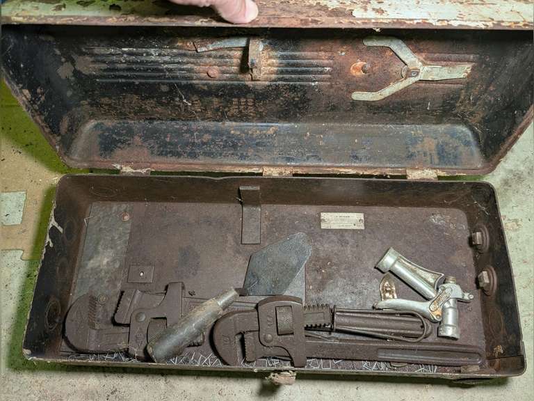 VINTAGE METAL TOOL BOX AND CONTENTS image