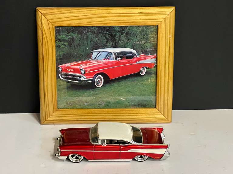 Framed 1957 Chevrolet Bel Air photographic art print, also includes a diecast replica, see pictures for details. image
