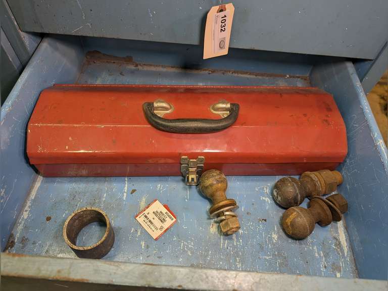 CONTENTS OF CABINET DRAWER MARKED 1033 INCLUDING LOW PROFILE METAL TOOL BOX AND TRAILER HITCH BALLS image