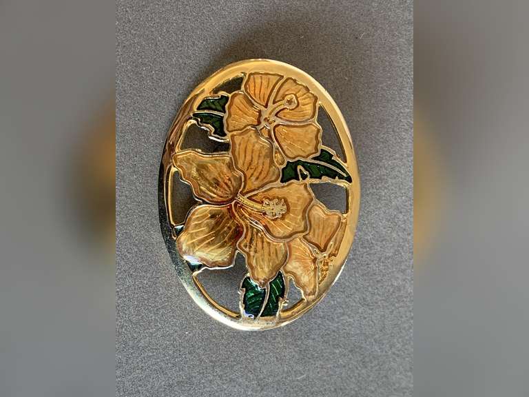 VINTAGE GOLD TONE PEACH ORCHID ENAMEL BROOCH - CHECKOUT image