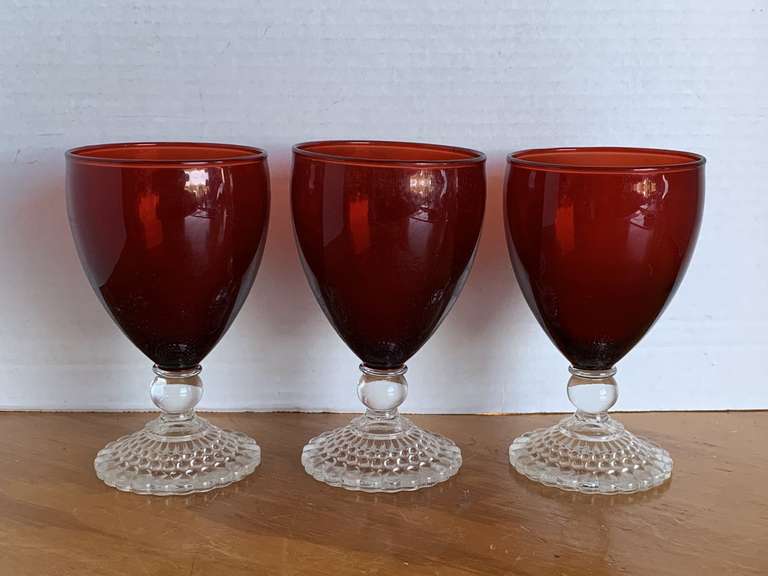 3 VINTAGE ANCHOR HOCKING BUBBLE RUBY RED WATER GOBLETS image