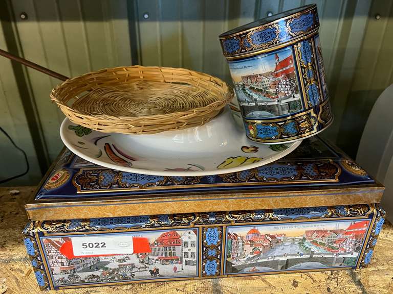 Decorative collector tins, and chip and dip plate, see pictures for details. image