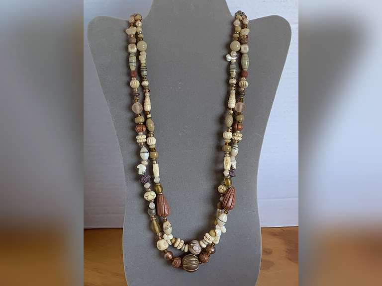 LONG DOUBLE STRAND SHADES OF BROWN NECKLACE WITH WOOD, SHELL & GLASS BEADS 27" LONG - CHECKOUT image