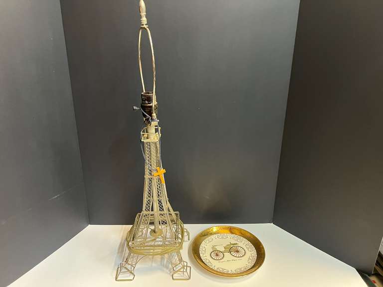 Vintage Homer Laughlin collector plate with 24K gold, also includes an Eiffel Tower lamp, see pictures for details. image