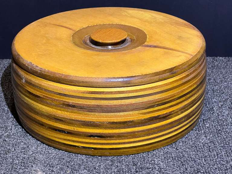 Custom, artisan made wooden bowl with lid, with content, see pictures for details. image