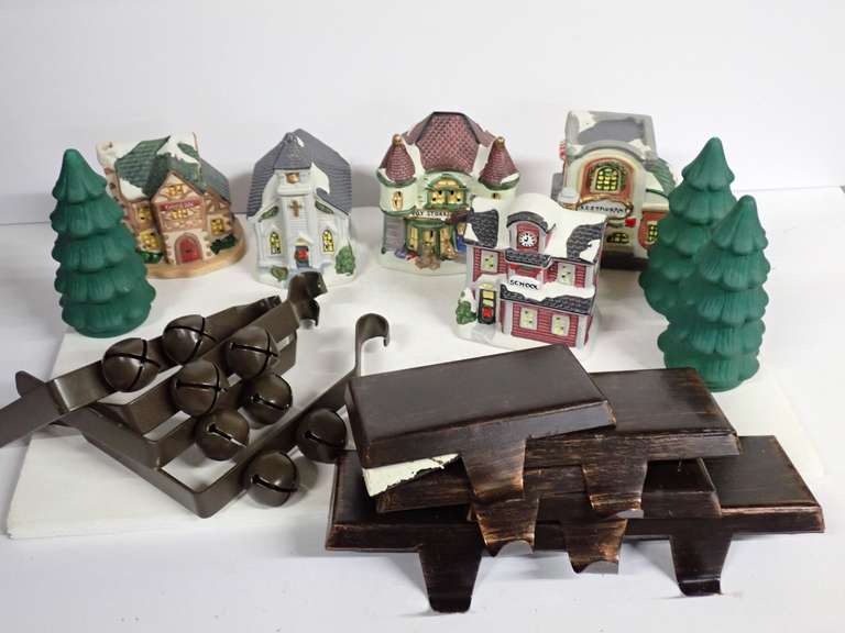 Porcelain Christmas Village Pieces and Stocking Hangers image