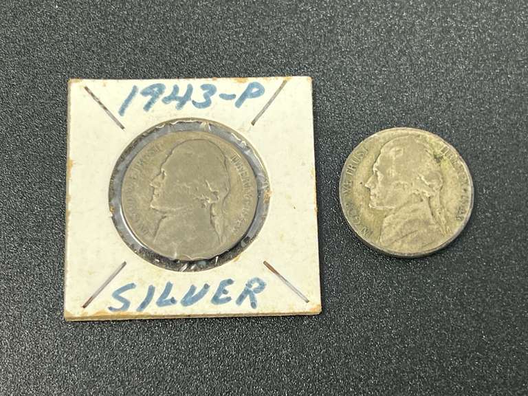 1943 Jefferson war nickels, two pieces, from mid-1942 to 1945, nickels were made with a temporary alloy of 56% copper, 35% silver, and 9% manganese to conserve strategic nickel metal for the war effort. See pictures for details. image