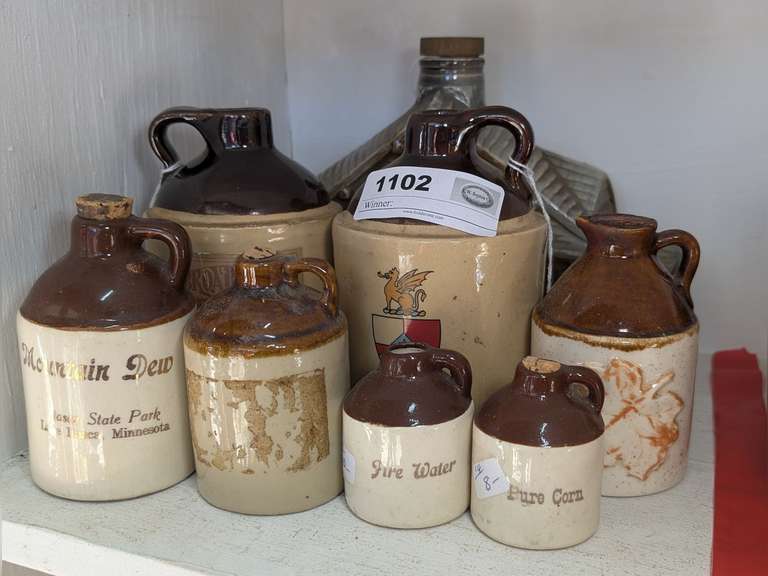 VINTAGE SMALL POTTERY CROCK JUGS WITH ADVERTISING PLUS VINTAGE JIM BEAM COLLECTIBLE DECANTER image