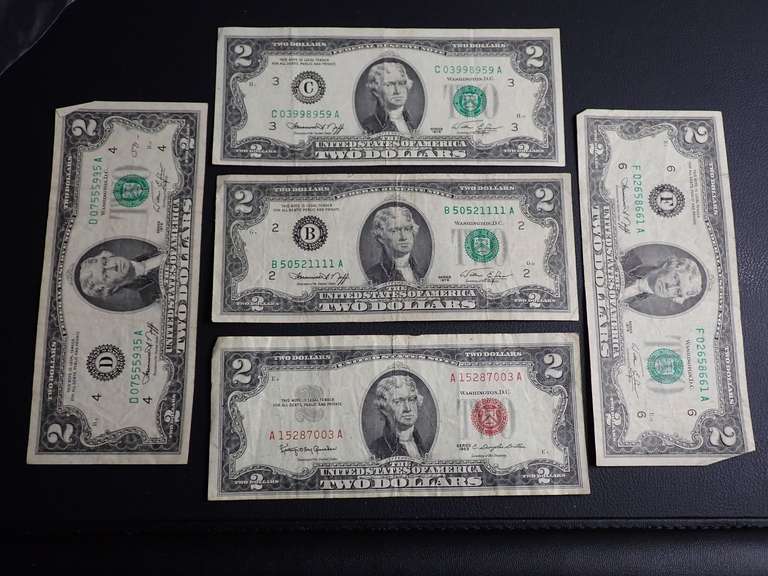 (5) $2 BANKNOTES - (1) SERIES 1963 RED SEAL/(4) SERIES 1976 image
