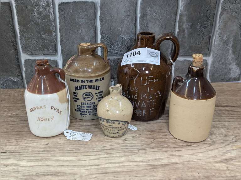 VINTAGE GLAZED POTTERY CROCK SMALL ADVERTISING JUGS INCLUDING MCCORMICK image