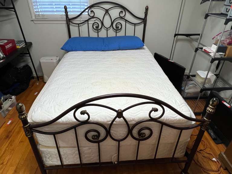 BR2…Decorative metal full size headboard and footboard, comes with mattress and body pillow, see pictures for details. image