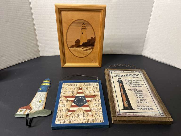 BR2…Lighthouse themed decor to include a lovely signed Hudson River Inlay marquetry, four pieces total, see pictures for details. image