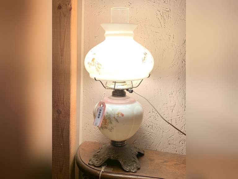 VINTAGE WHITE FLORAL SATIN HURRICANE LAMP ON BRASS BASE 18 3/4" TALL X 8" WIDE image