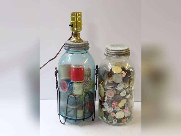 Ball Mason Jar Thread Filled Lamp and Jar filled with Vintage Buttons image